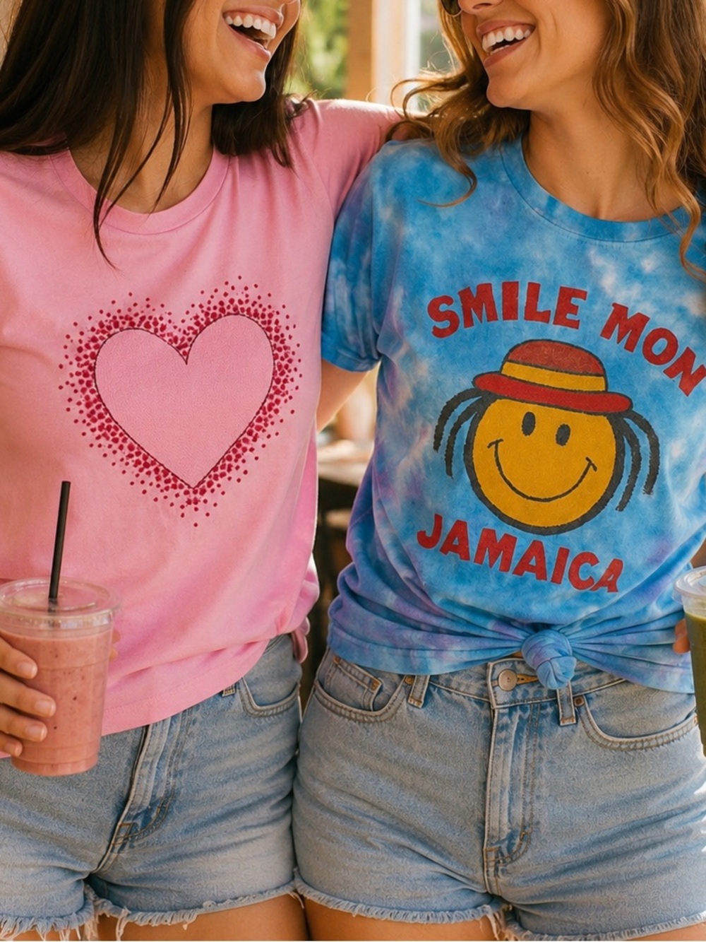 Graphic Tee Bundle Pink Heart Shirt & Smile Mon Jamaica Tie Dye Tee Y2K Size S